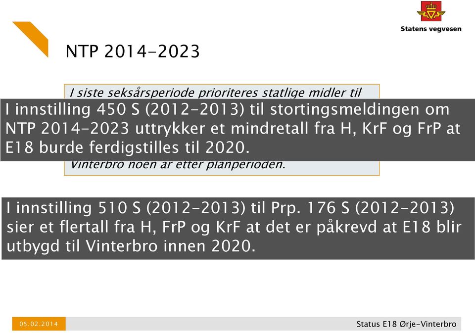 I innstilling 450 S (2012-2013) til stortingsmeldingen om NTP 2014-2023 uttrykker et mindretall fra H, KrF og FrP at E18 burde ferdigstilles til 2020.