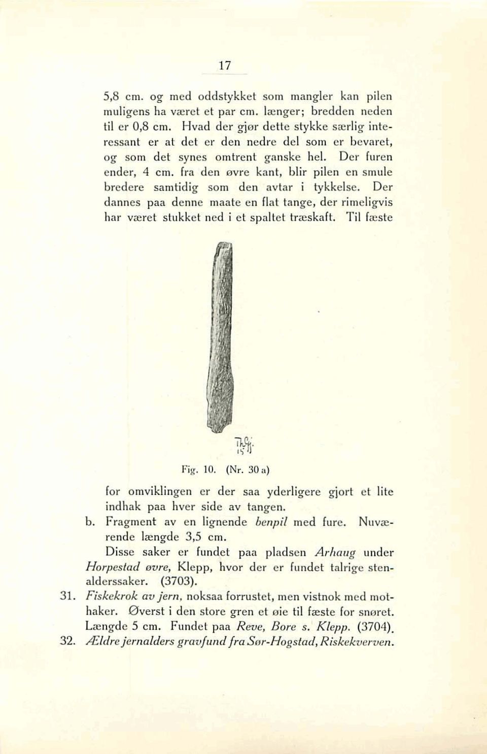 fra den mre kant, blir en smuie bredere samtidig som den avtar i tykkelse. Der dannes paa denne maate en flat tange, der rimeligvis har vzret stukket ned i et spaltet traskah. Til faste Fig. 10. (Nr.