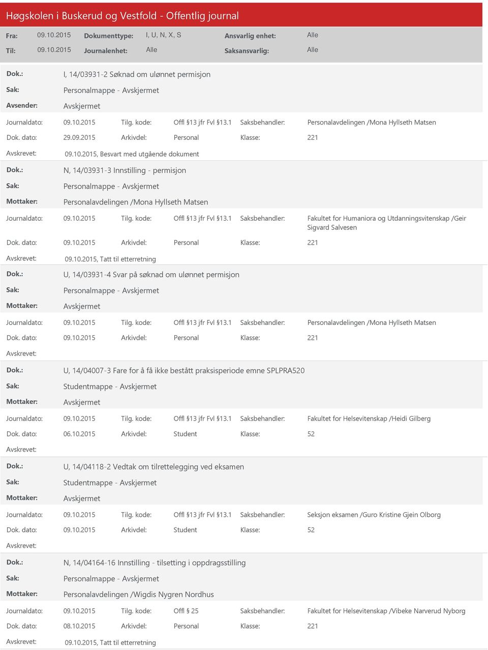 /Geir Sigvard Salvesen Dok. dato: Arkivdel: Personal, Tatt til etterretning, 14/03931-4 Svar på søknad om ulønnet permisjon Personalmappe - Personalavdelingen /Mona Hyllseth Matsen Dok.