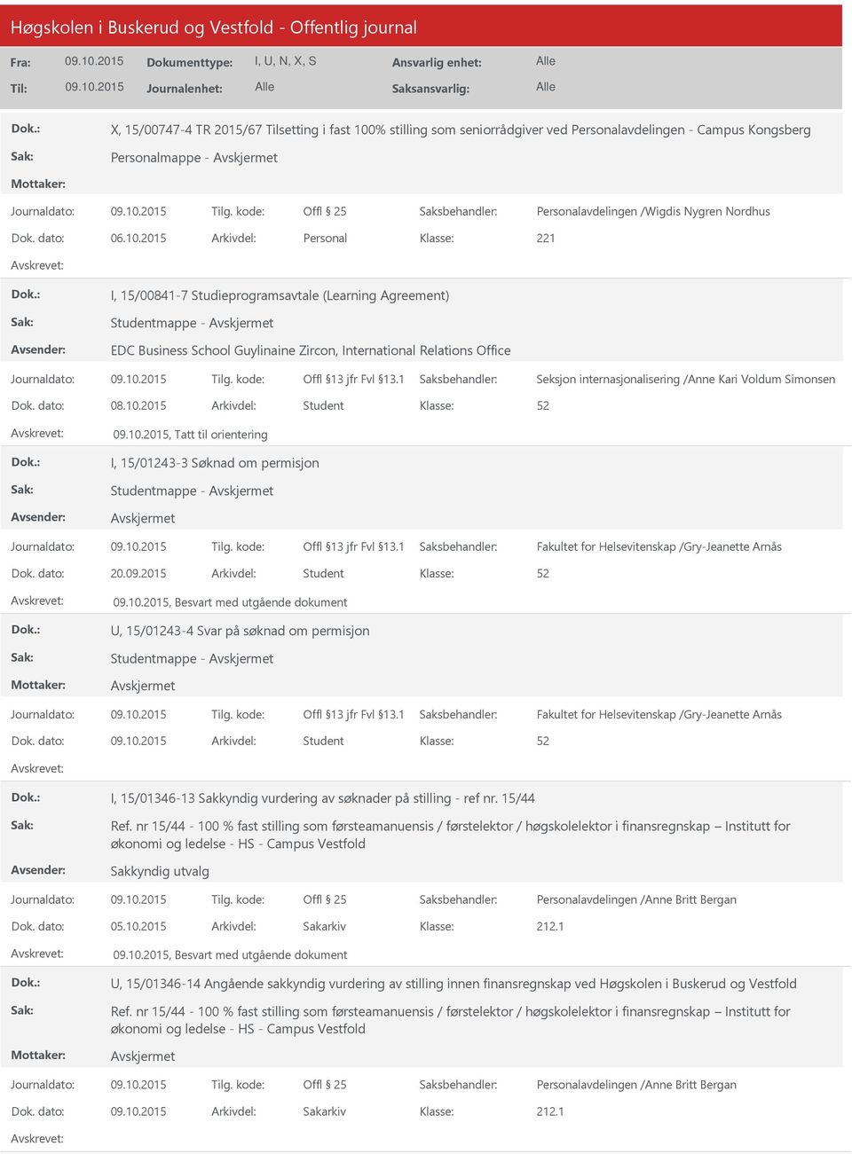 2015 Arkivdel: Personal I, 15/00841-7 Studieprogramsavtale (Learning Agreement) Studentmappe - EDC Business School Guylinaine Zircon, International Relations Office Seksjon internasjonalisering /Anne