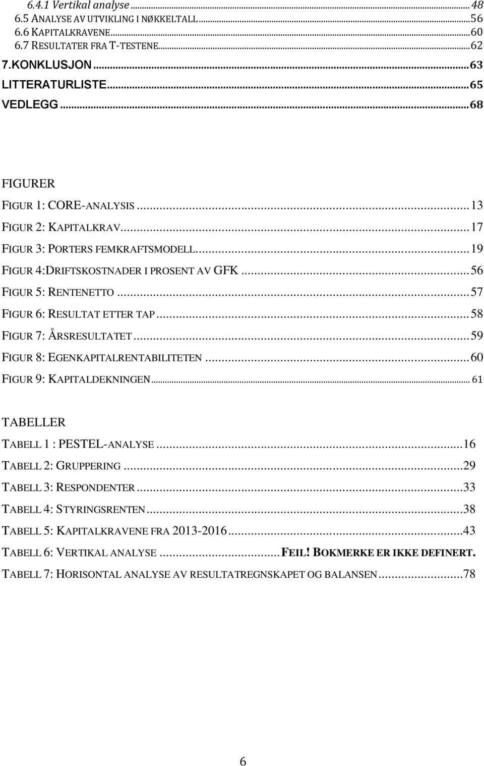 .. 57 FIGUR 6: RESULTAT ETTER TAP... 58 FIGUR 7: ÅRSRESULTATET... 59 FIGUR 8: EGENKAPITALRENTABILITETEN... 60 FIGUR 9: KAPITALDEKNINGEN... 61 TABELLER TABELL 1 : PESTEL-ANALYSE.