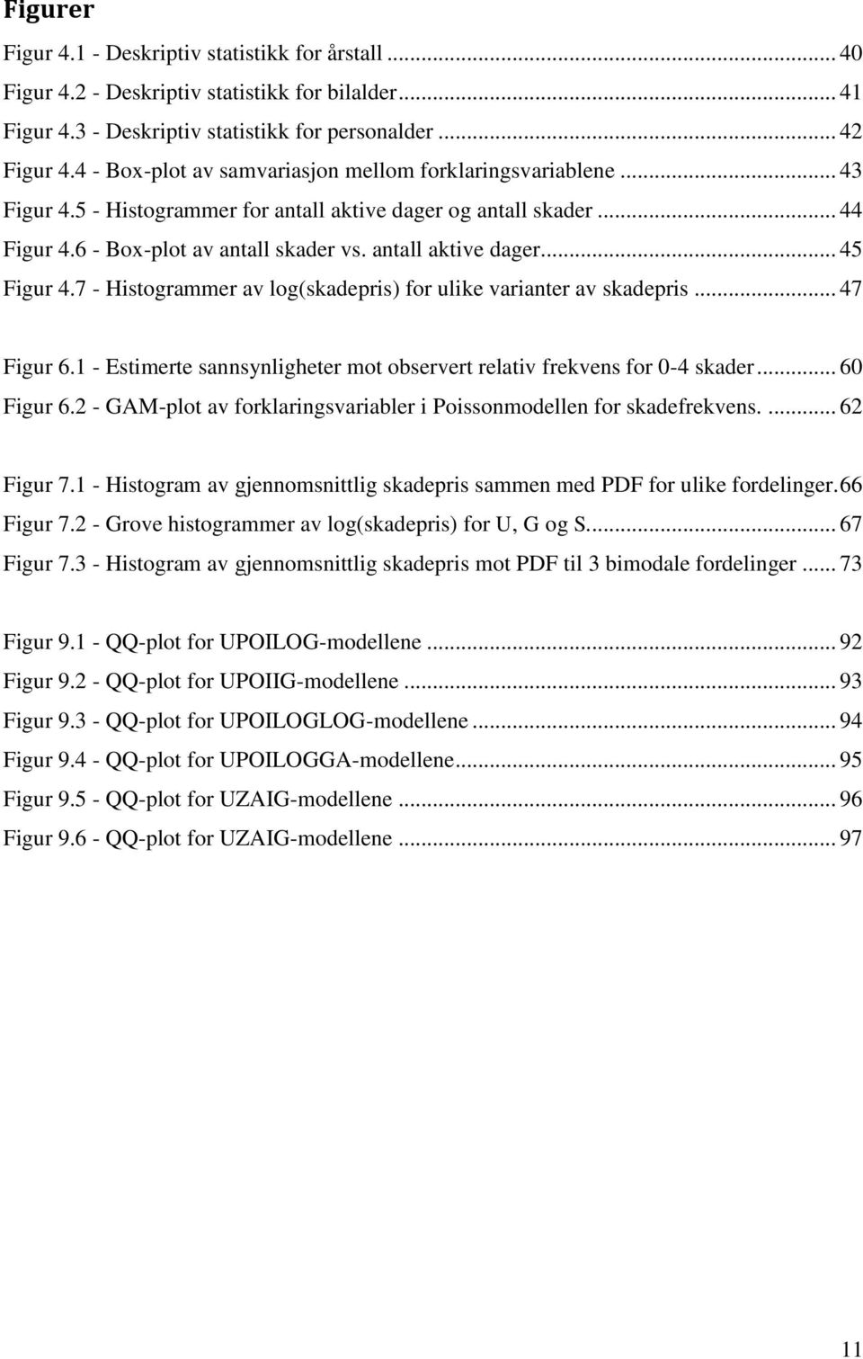 7 - Hstogrammer av log(skadeprs) for ulke varanter av skadeprs... 47 Fgur 6.1 - Estmerte sannsynlgheter mot observert relatv frekvens for 0-4 skader... 60 Fgur 6.