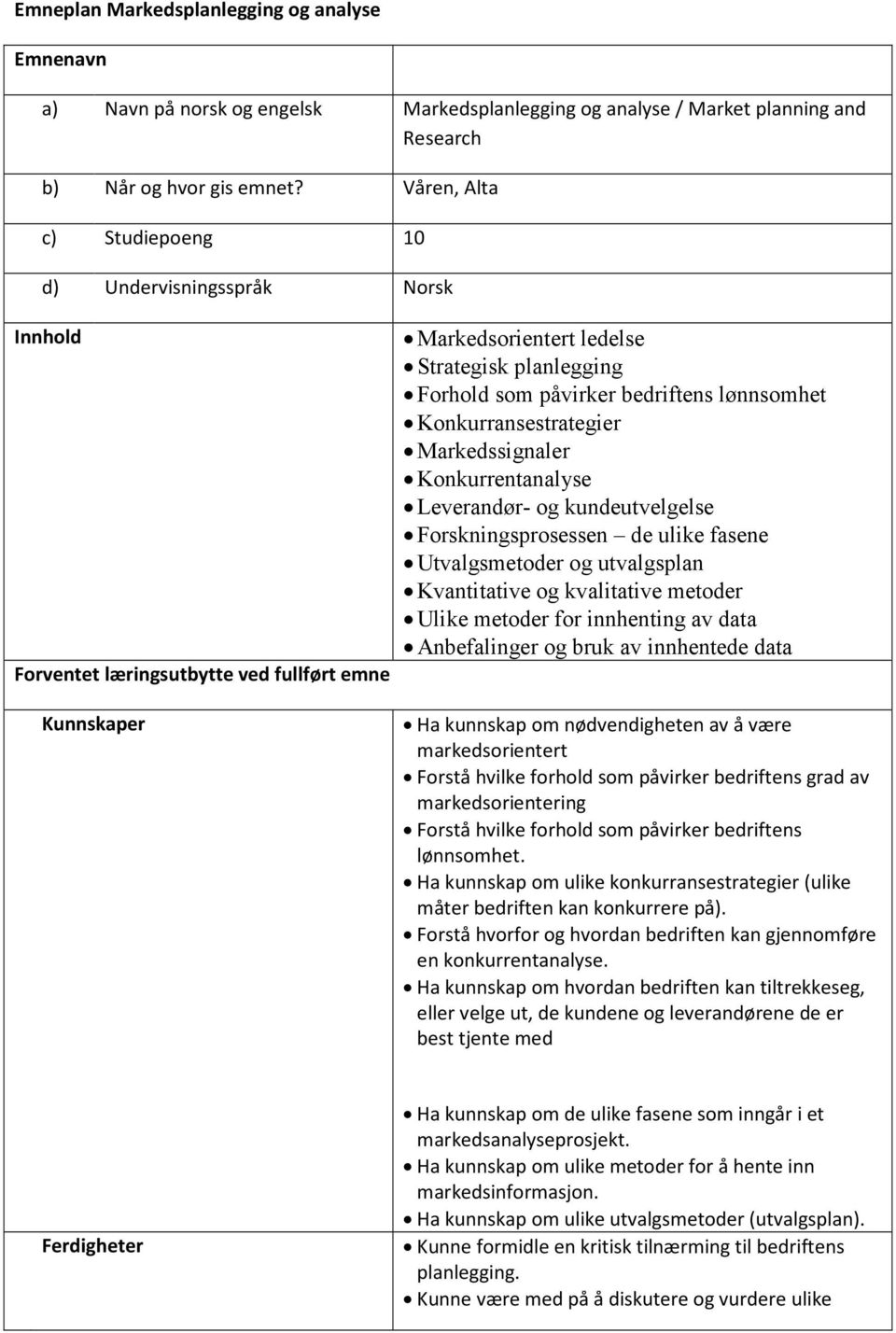 lønnsomhet Konkurransestrategier Markedssignaler Konkurrentanalyse Leverandør- og kundeutvelgelse Forskningsprosessen de ulike fasene Utvalgsmetoder og utvalgsplan Kvantitative og kvalitative metoder