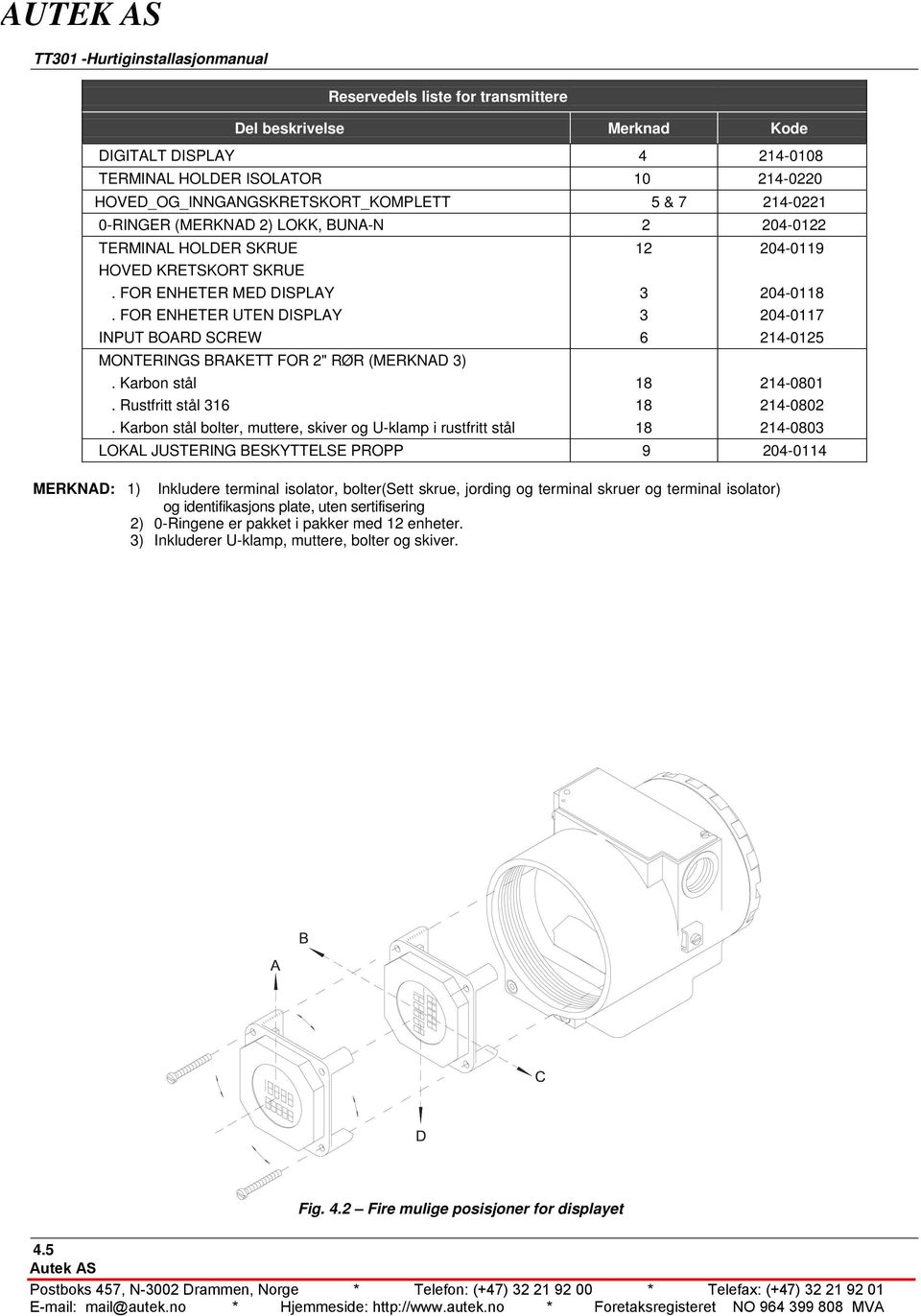 FOR ENHETER UTEN DISPLAY INPUT BOARD SCREW 3 3 6 204-0118 204-0117 214-0125 MONTERINGS BRAKETT FOR 2" RØR (MERKNAD 3). Karbon stål 18 214-0801. Rustfritt stål 316 18 214-0802.