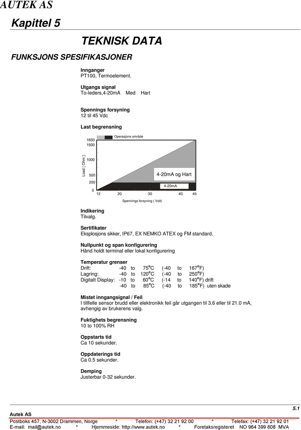 Nullpunkt og span konfigurering Hånd holdt terminal eller lokal konfigurering Temperatur grenser Drift: -40 to 75 o C (-40 to 167 o F) Lagring: -40 to 120 o C (-40 to 250 o F) Digitalt Display: -10