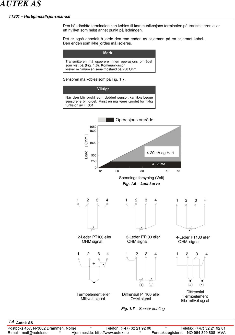 Kommunikasjon krever minimum en serie mostand på 250 Ohm. Sensoren må kobles som på Fig. 1.7. Viktig: Når den blir brukt som dobbel sensor, kan ikke begge sensorene bli jordet.