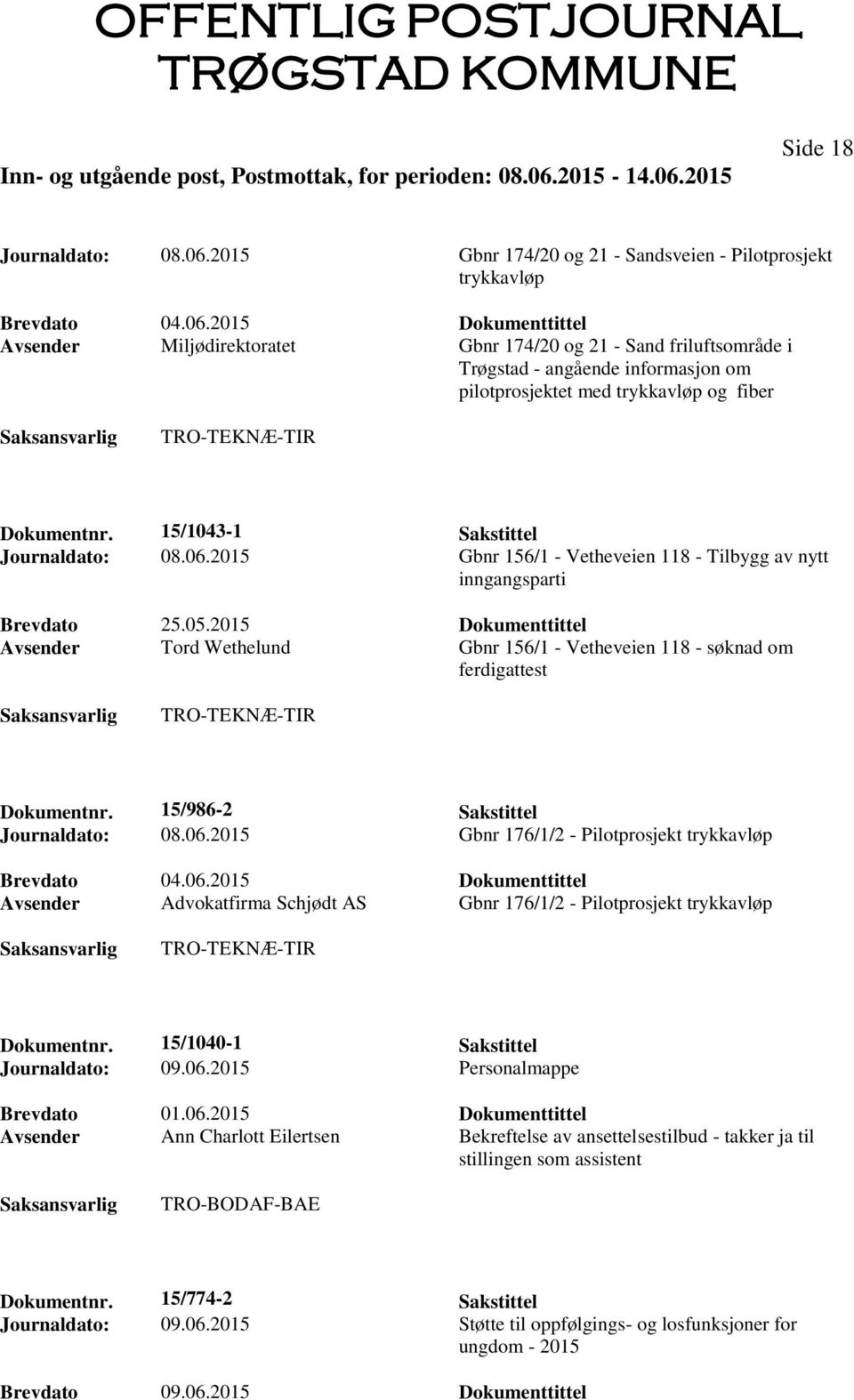 2015 Dokumenttittel Avsender Miljødirektoratet Gbnr 174/20 og 21 - Sand friluftsområde i Trøgstad - angående informasjon om pilotprosjektet med trykkavløp og fiber Dokumentnr.