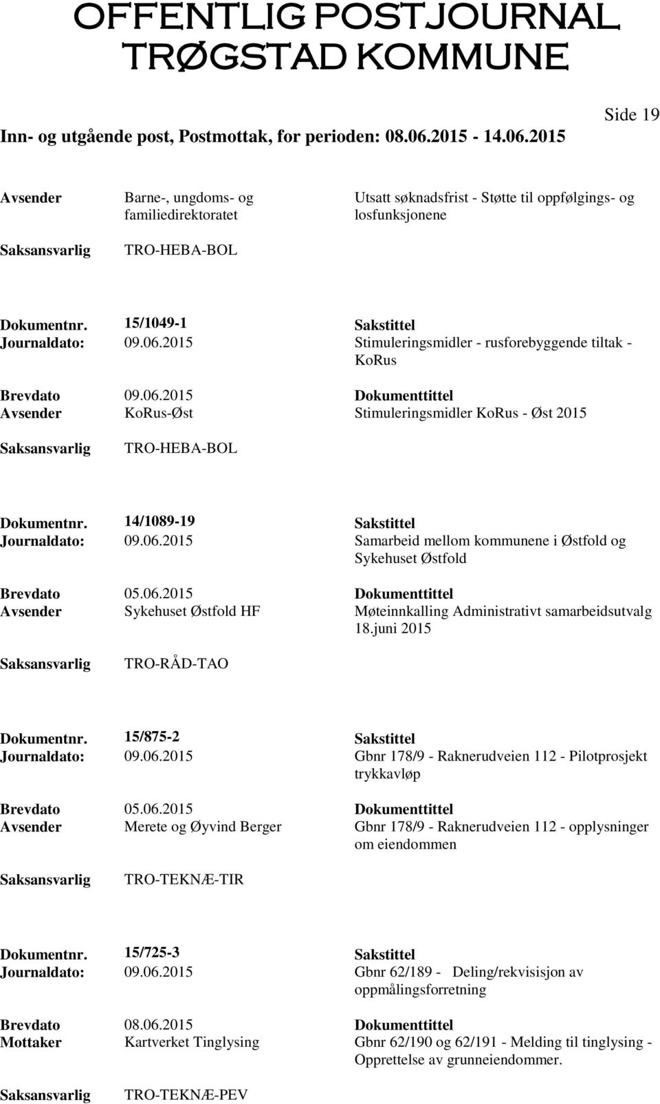 14/1089-19 Sakstittel Journaldato: 09.06.2015 Samarbeid mellom kommunene i Østfold og Sykehuset Østfold Avsender Sykehuset Østfold HF Møteinnkalling Administrativt samarbeidsutvalg 18.