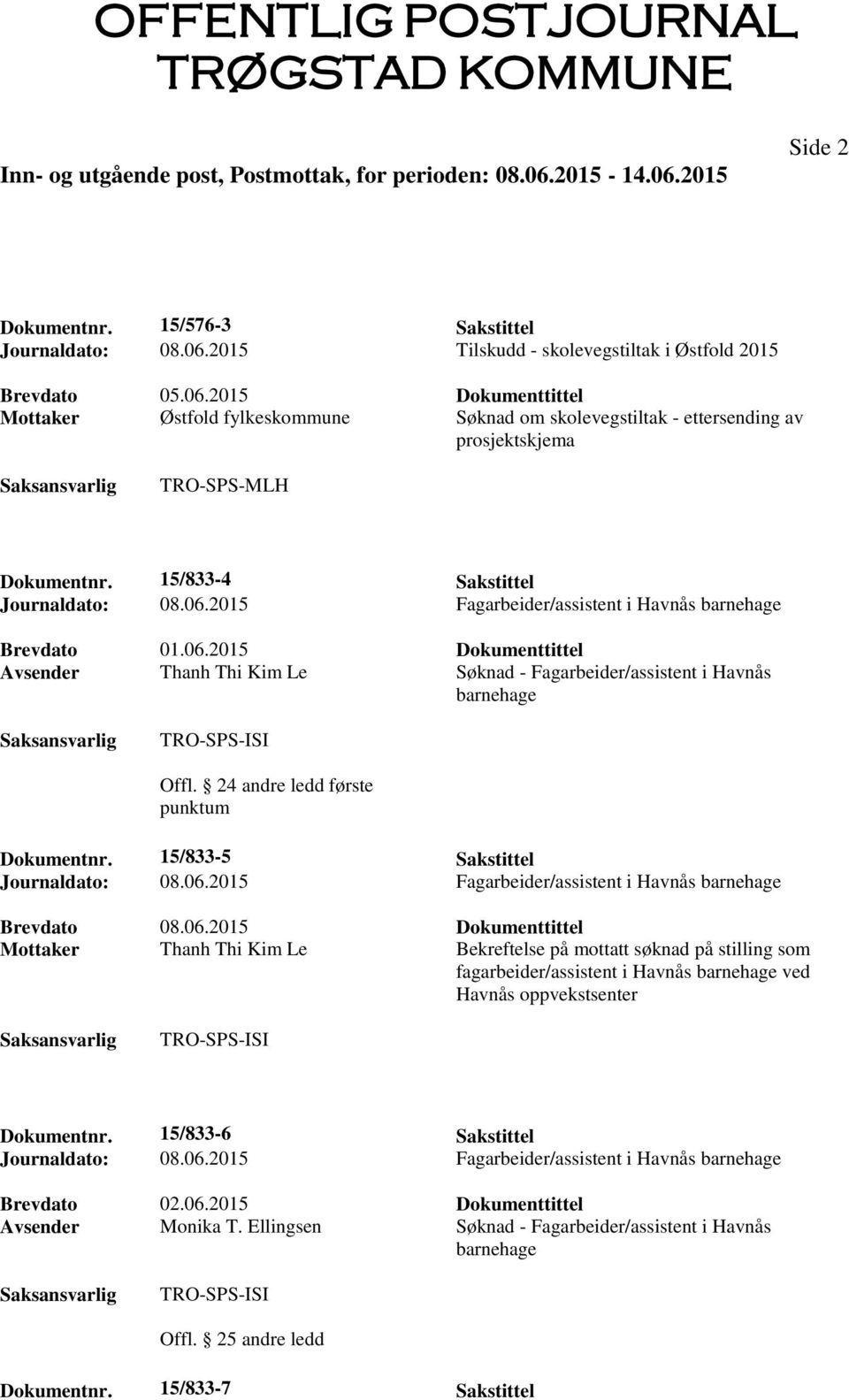 2015 Fagarbeider/assistent i Havnås barnehage Brevdato 01.06.2015 Dokumenttittel Avsender Thanh Thi Kim Le Søknad - Fagarbeider/assistent i Havnås barnehage Offl.