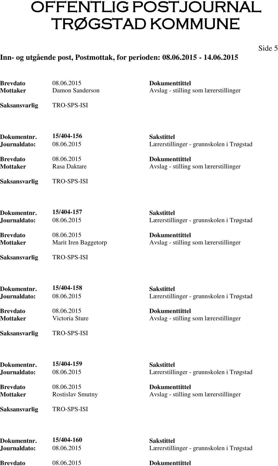 15/404-157 Sakstittel Mottaker Marit Iren Baggetorp Avslag - stilling som lærerstillinger Dokumentnr.