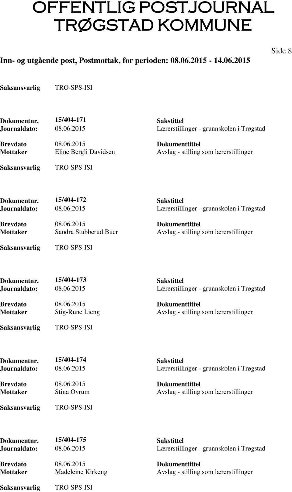 15/404-173 Sakstittel Mottaker Stig-Rune Lieng Avslag - stilling som lærerstillinger Dokumentnr.