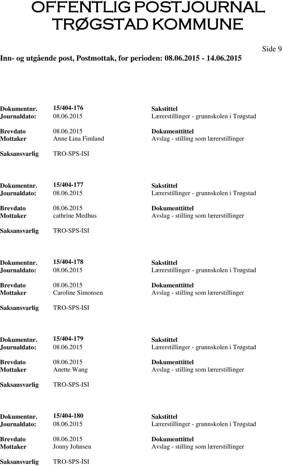 15/404-178 Sakstittel Mottaker Caroline Simonsen Avslag - stilling som lærerstillinger Dokumentnr.