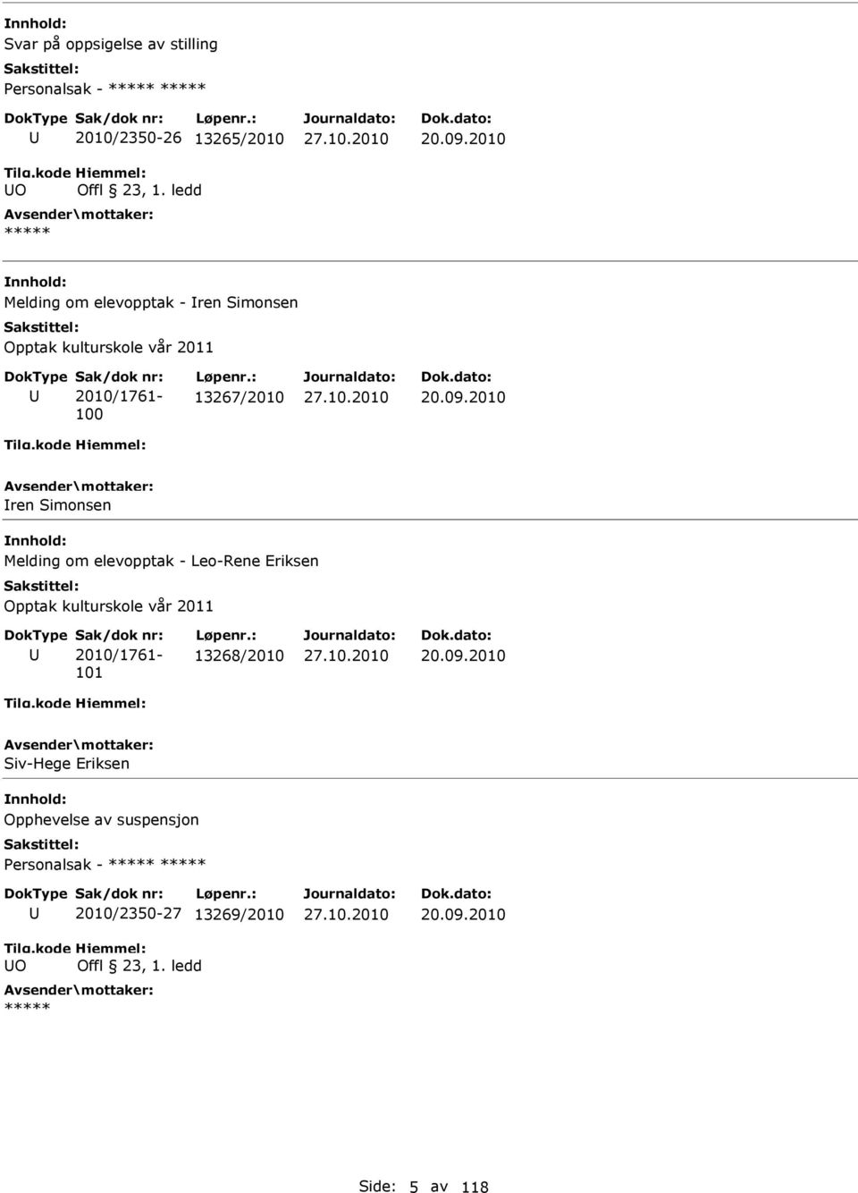 : 13267/2010 Iren Simonsen Melding om elevopptak - Leo-Rene Eriksen Opptak kulturskole vår 2011 Sak/dok nr: