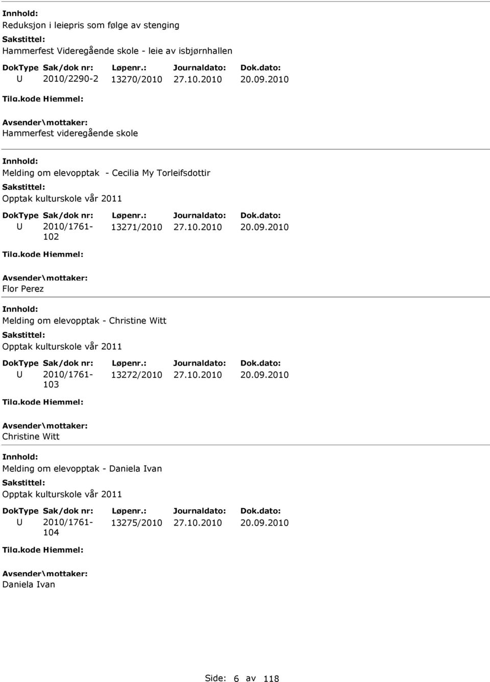 : 13271/2010 Flor Perez Melding om elevopptak - Christine Witt Opptak kulturskole vår 2011 Sak/dok nr: 2010/1761-103 Løpenr.