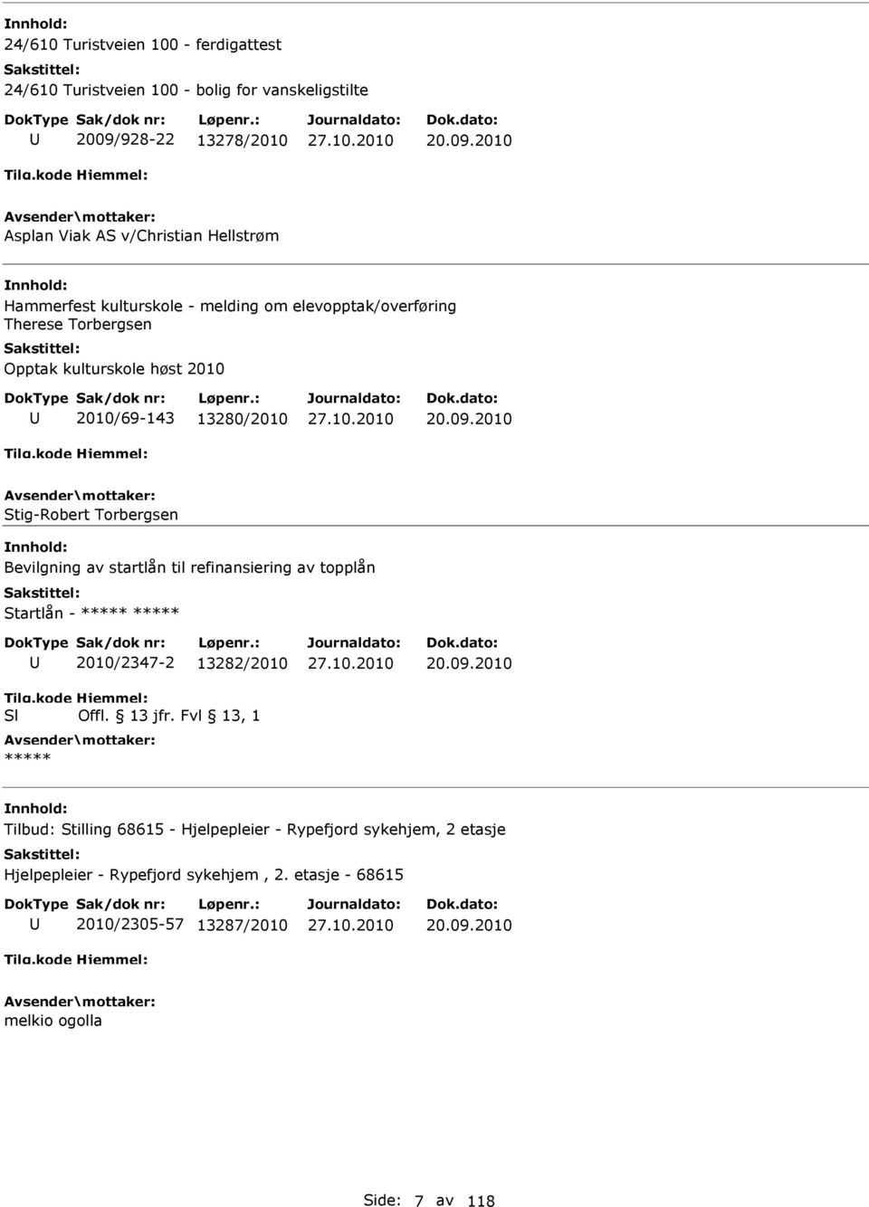 Stig-Robert Torbergsen Bevilgning av startlån til refinansiering av topplån Startlån - Sl 2010/2347-2 13282/2010 Offl. 13 jfr.