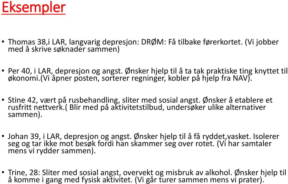 Ønsker å etablere et rusfritt nettverk.( Blir med på aktivitetstilbud, undersøker ulike alternativer sammen). Johan 39, i LAR, depresjon og angst. Ønsker hjelp til å få ryddet,vasket.