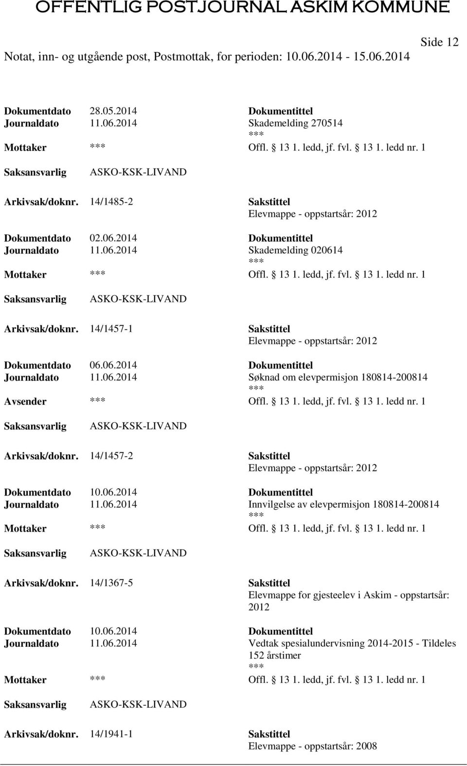 1 ASKO-KSK-LIVAND Arkivsak/doknr. 14/1457-1 Sakstittel Elevmappe - oppstartsår: 2012 Dokumentdato 06.06.2014 Dokumentittel Journaldato 11.06.2014 Søknad om elevpermisjon 180814-200814 Offl. 13 1.