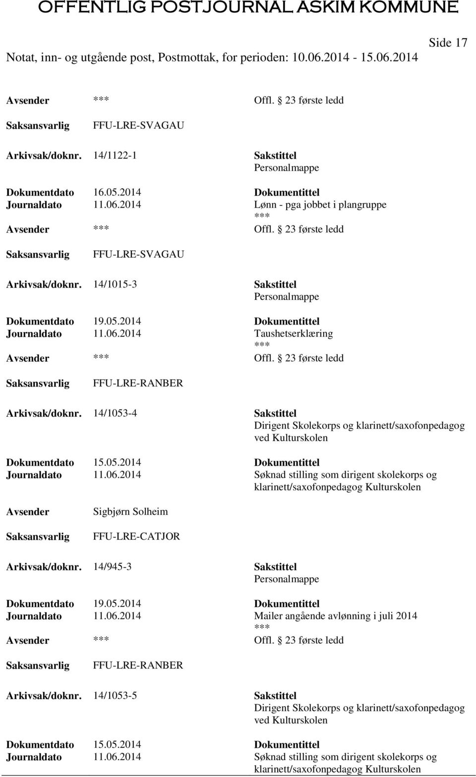 06.2014 Søknad stilling som dirigent skolekorps og klarinett/saxofonpedagog Kulturskolen Sigbjørn Solheim Arkivsak/doknr. 14/945-3 Sakstittel Journaldato 11.06.2014 Mailer angående avlønning i juli 2014 Offl.