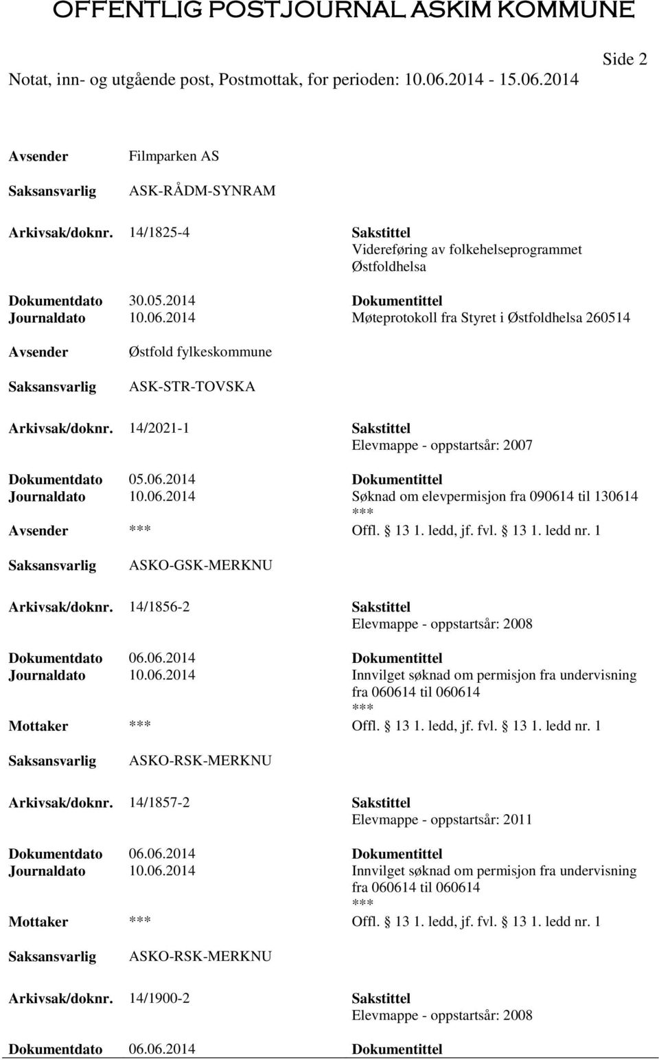 2014 Dokumentittel Journaldato 10.06.2014 Søknad om elevpermisjon fra 090614 til 130614 Offl. 13 1. ledd, jf. fvl. 13 1. ledd nr. 1 ASKO-GSK-MERKNU Arkivsak/doknr.