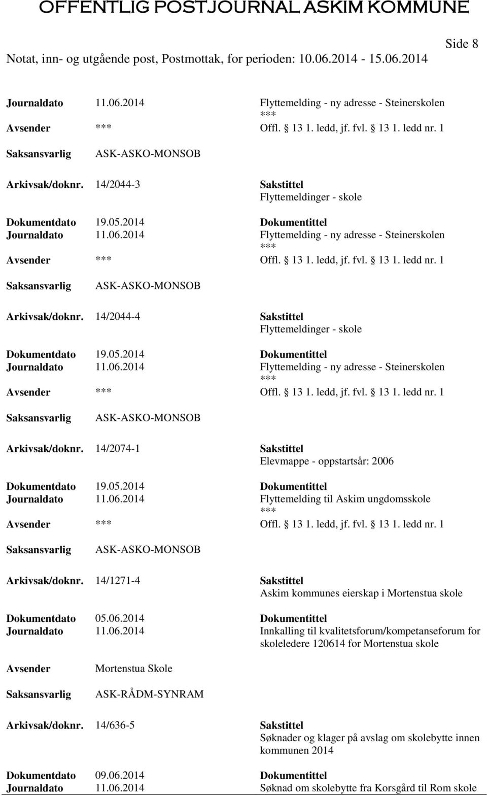 14/2044-4 Sakstittel Flyttemeldinger - skole Journaldato 11.06.2014 Flyttemelding - ny adresse - Steinerskolen Offl. 13 1. ledd, jf. fvl. 13 1. ledd nr. 1 ASK-ASKO-MONSOB Arkivsak/doknr.