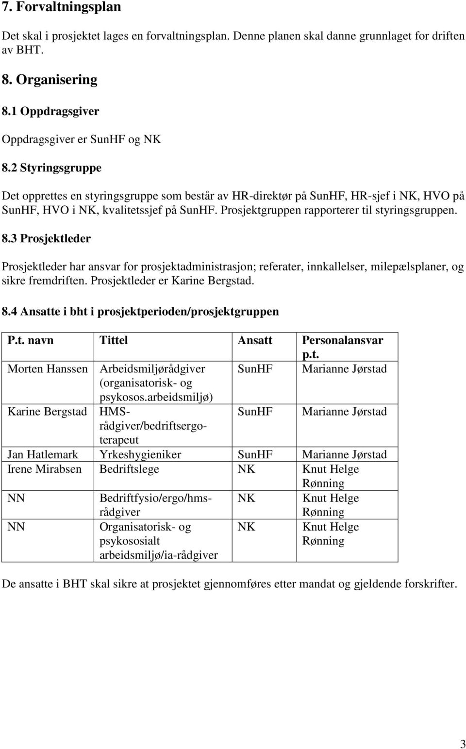 3 Prosjektleder Prosjektleder har ansvar for prosjektadministrasjon; referater, innkallelser, milepælsplaner, og sikre fremdriften. Prosjektleder er Karine Bergstad. 8.