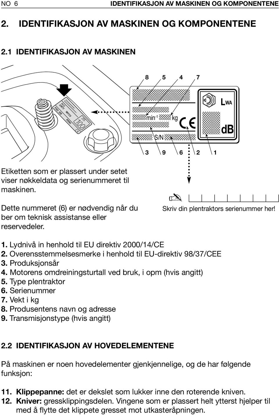Overensstemmelsesmerke i henhold til EU-direktiv 98/37/CEE 3. Produksjonsår 4. Motorens omdreiningsturtall ved bruk, i opm (hvis angitt) 5. Type plentraktor 6. Serienummer 7. Vekt i kg 8.
