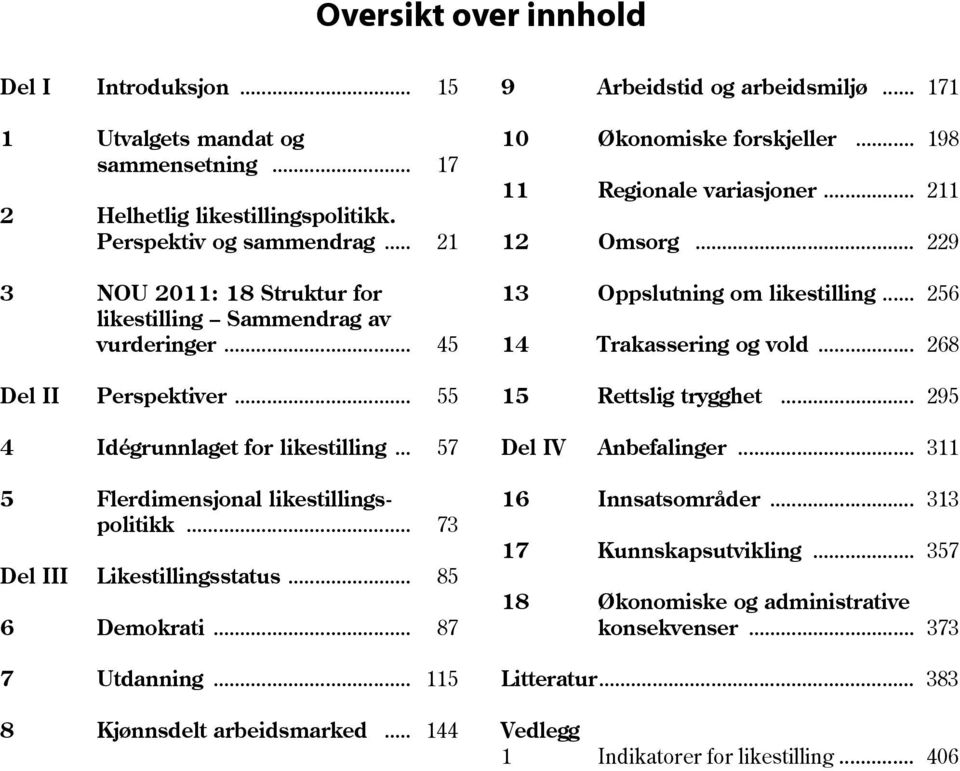 .. 73 Del III Likestillingsstatus... 85 6 Demokrati... 87 7 Utdanning... 115 8 Kjønnsdelt arbeidsmarked... 144 9 Arbeidstid og arbeidsmiljø... 171 10 Økonomiske forskjeller.