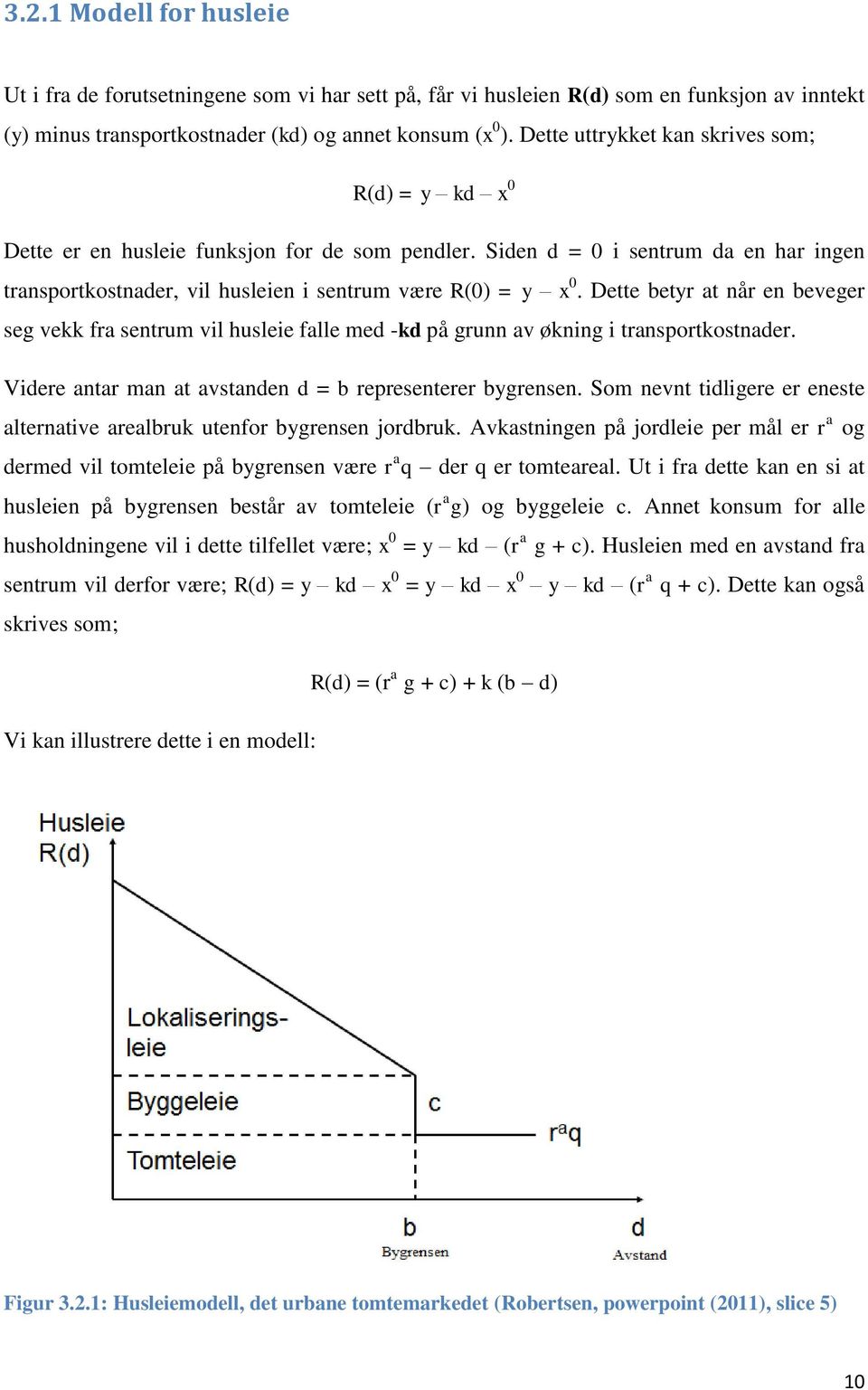 Dette betyr at når en beveger seg vekk fra sentrum vil husleie falle med -kd på grunn av økning i transportkostnader. Videre antar man at avstanden d = b representerer bygrensen.