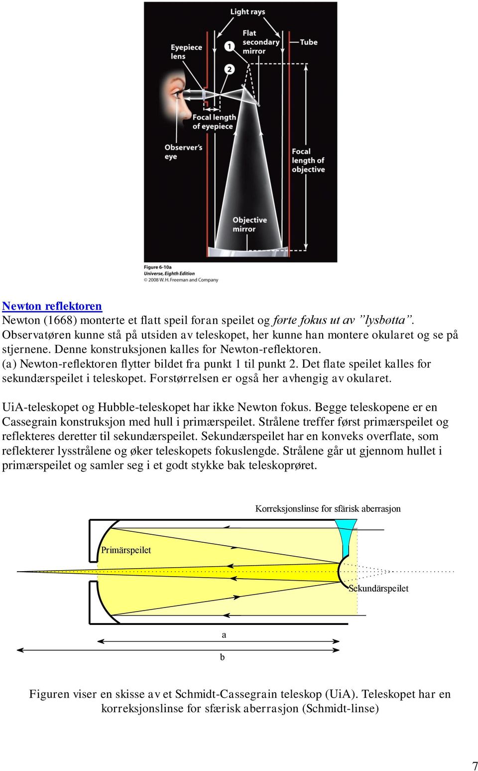 Forstørrelsen er også her avhengig av okularet. UiA-teleskopet og Hubble-teleskopet har ikke Newton okus. Begge teleskopene er en Cassegrain konstruksjon med hull i primærspeilet.