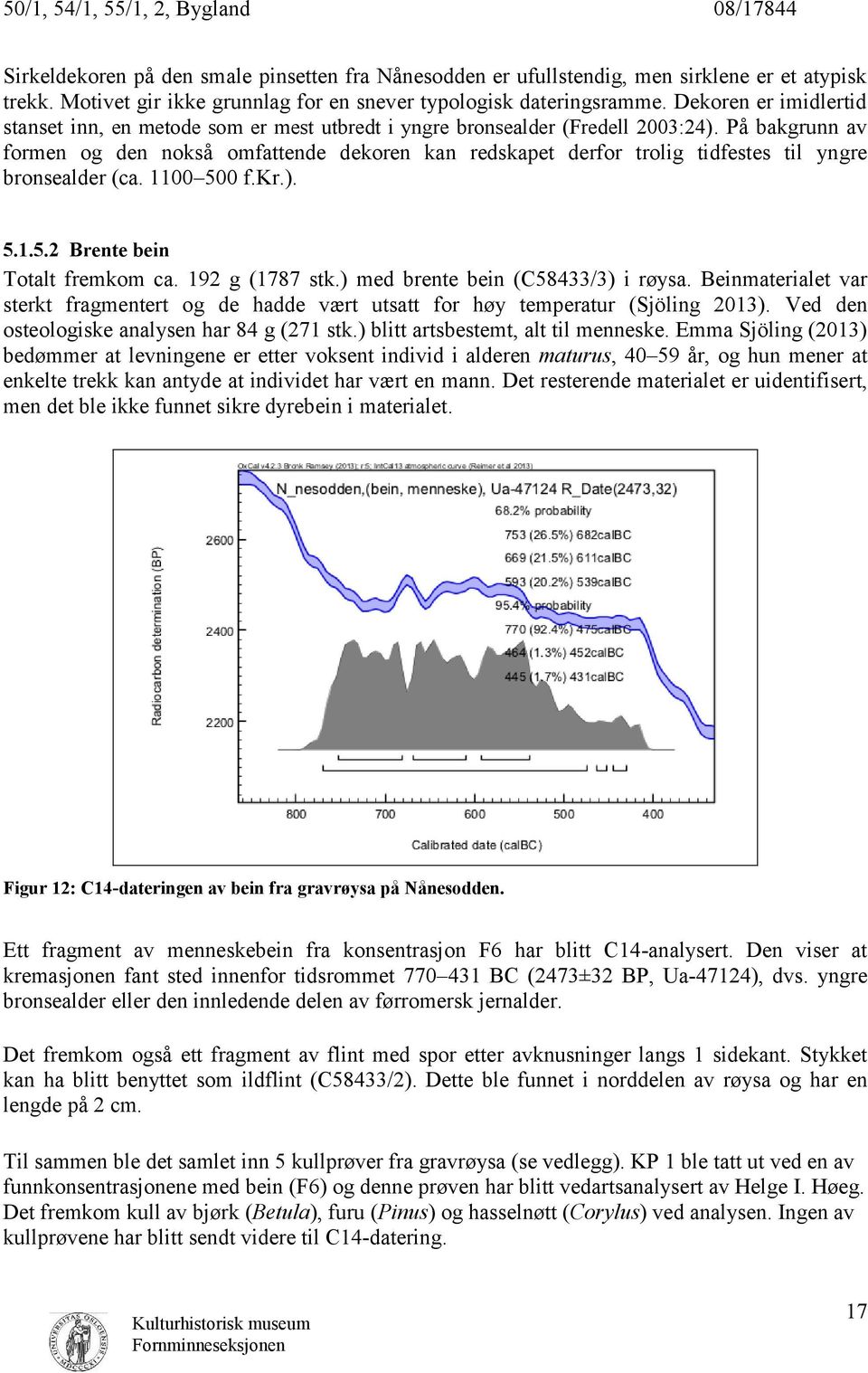 På bakgrunn av formen og den nokså omfattende dekoren kan redskapet derfor trolig tidfestes til yngre bronsealder (ca. 1100 500 f.kr.). 5.1.5.2 Brente bein Totalt fremkom ca. 192 g (1787 stk.