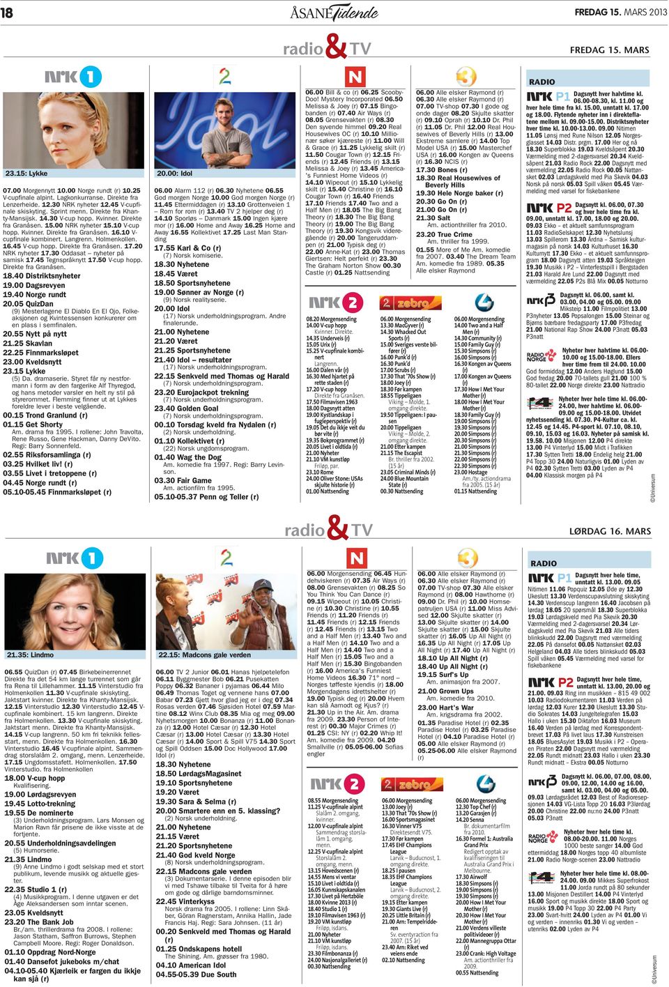 10 V- cupfinale kombinert. Langrenn. Holmenkollen. 16.45 V-cup hopp. Direkte fra Granåsen. 17.20 NRK nyheter 17.30 Oddasat nyheter på samisk 17.45 Tegnspråknytt 17.50 V-cup hopp. Direkte fra Granåsen. 18.