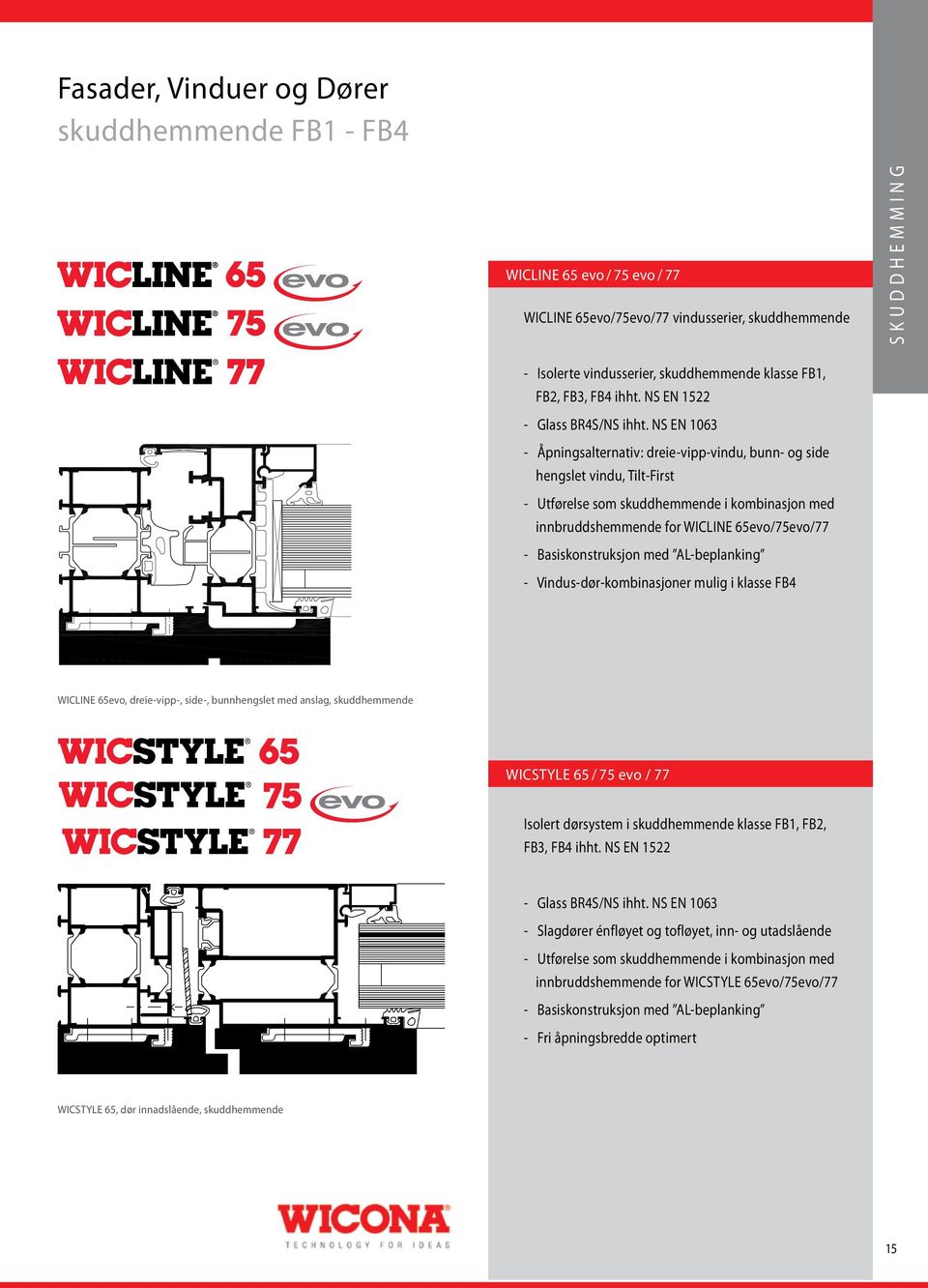 NS EN 1063 - Åpningsalternativ: dreie-vipp-vindu, bunn- og side hengslet vindu, Tilt-First - Utførelse som skuddhemmende i kombinasjon med innbruddshemmende for WICLINE 65evo/75evo/77 -