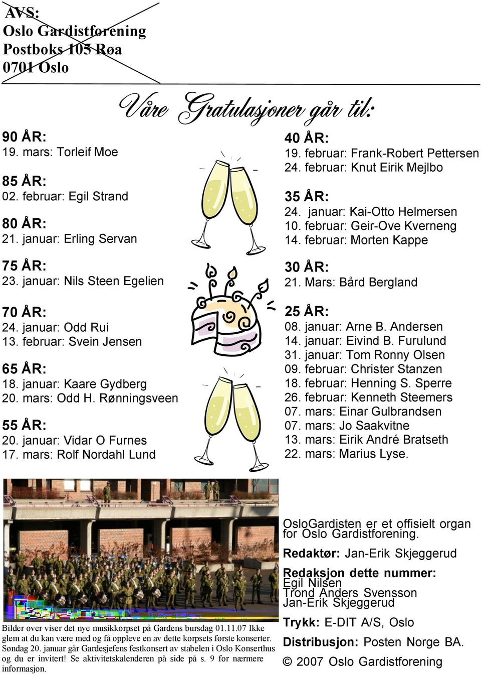 januar: Nils Steen Egelien 70 ÅR: 24. januar: Odd Rui 13. februar: Svein Jensen 65 ÅR: 18. januar: Kaare Gydberg 20. mars: Odd H. Rønningsveen 55 ÅR: 20. januar: Vidar O Furnes 17.