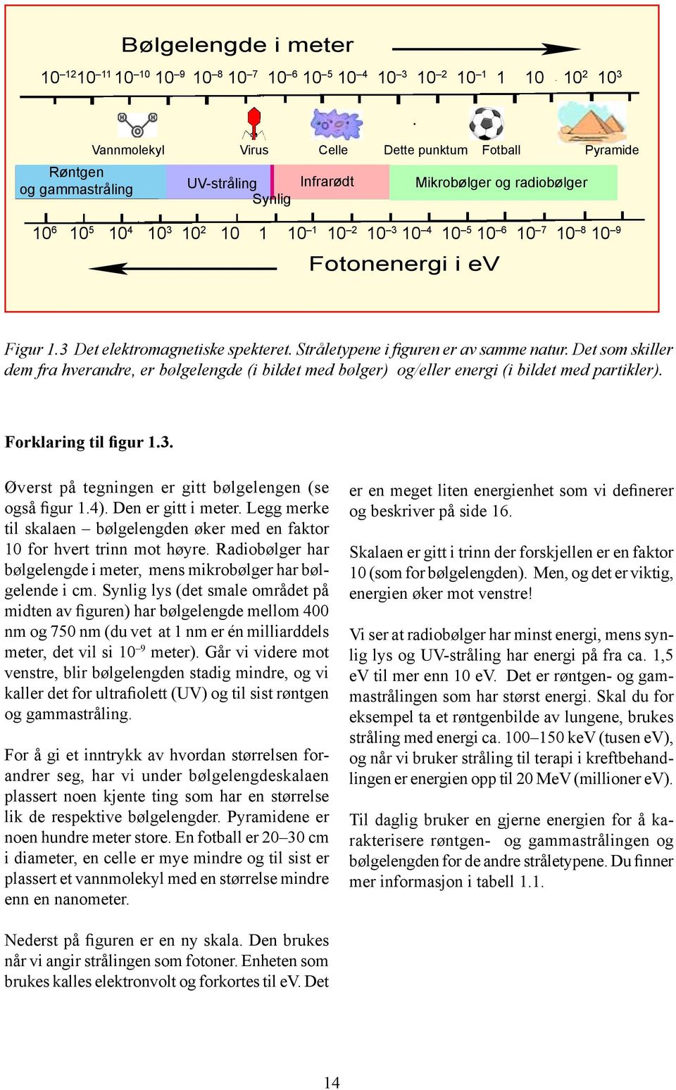 Stråletypene i figuren er av samme natur. Det som skiller dem fra hverandre, er bølgelengde (i bildet med bølger) og/eller energi (i bildet med partikler). Forklaring til figur 1.3.