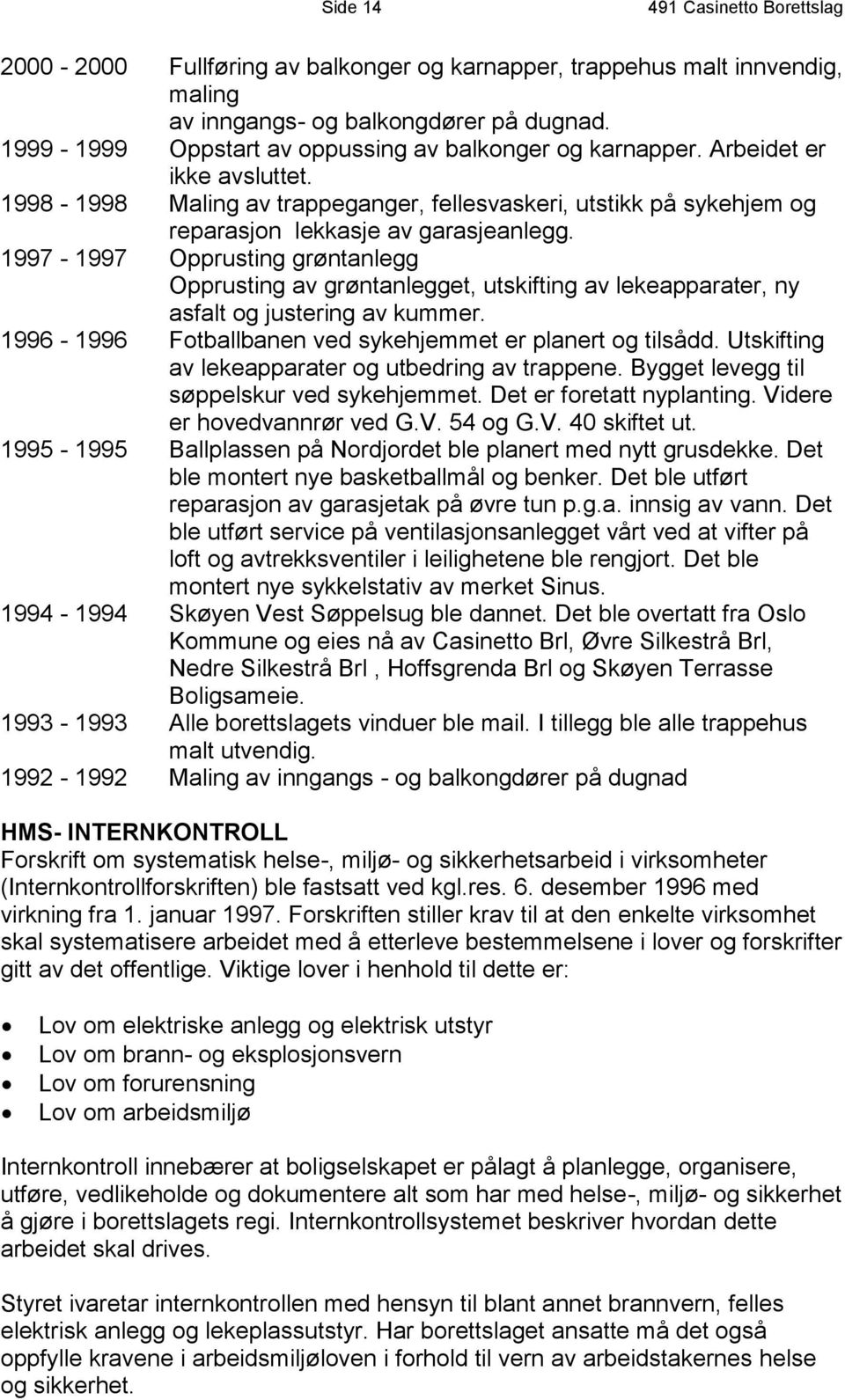 1997-1997 Opprusting grøntanlegg Opprusting av grøntanlegget, utskifting av lekeapparater, ny asfalt og justering av kummer. 1996-1996 Fotballbanen ved sykehjemmet er planert og tilsådd.