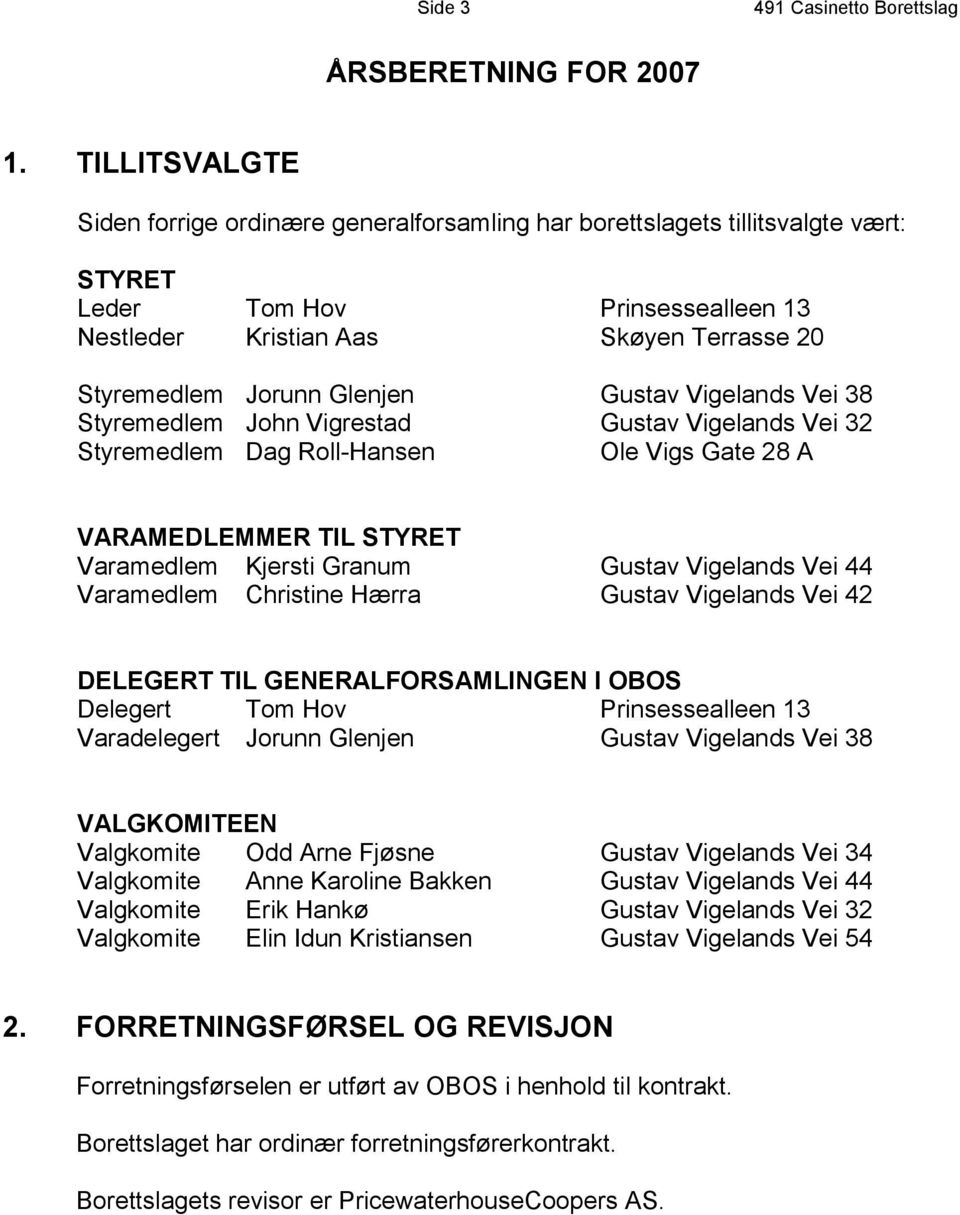 Glenjen Gustav Vigelands Vei 38 Styremedlem John Vigrestad Gustav Vigelands Vei 32 Styremedlem Dag Roll-Hansen Ole Vigs Gate 28 A VARAMEDLEMMER TIL STYRET Varamedlem Kjersti Granum Gustav Vigelands