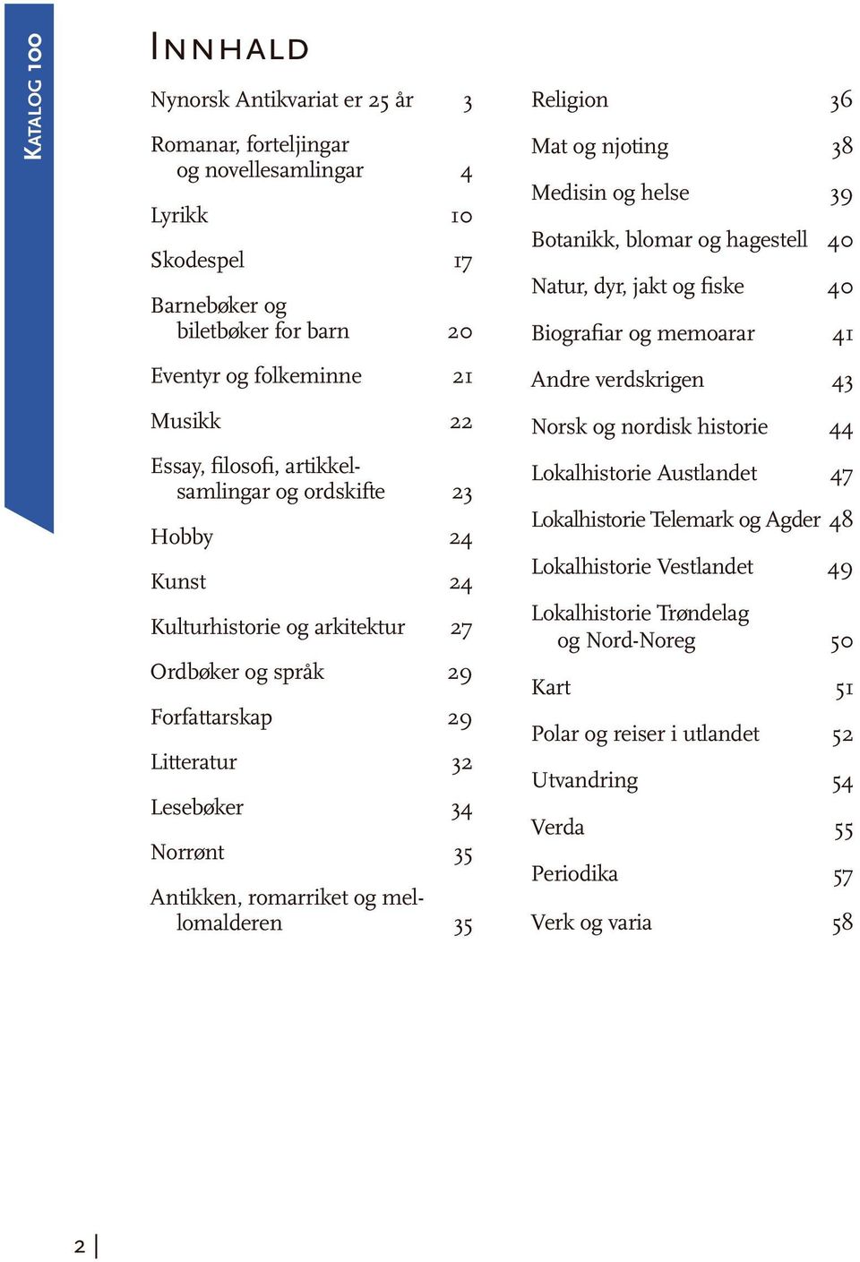 35 Religion 36 Mat og njoting 38 Medisin og helse 39 Botanikk, blomar og hagestell 40 Natur, dyr, jakt og fiske 40 Biografiar og memoarar 41 Andre verdskrigen 43 Norsk og nordisk historie 44