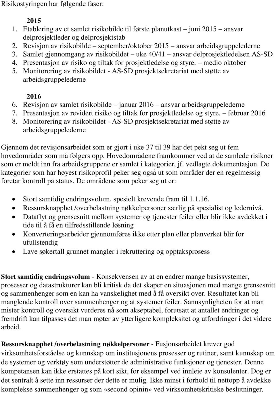 Presentasjn av risik g tiltak fr prsjektledelse g styre. medi ktber 5. Mnitrering av risikbildet - AS-SD prsjektsekretariat med støtte av arbeidsgruppelederne 2016 6.