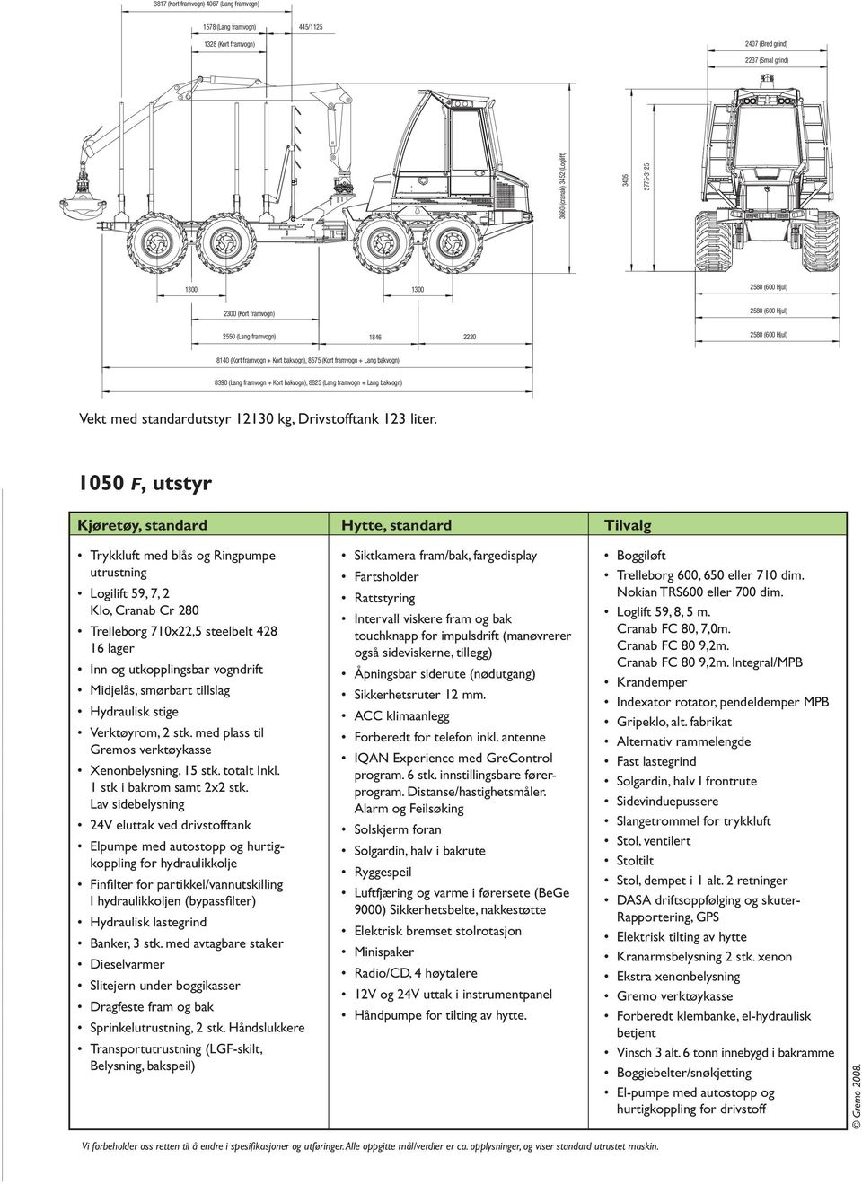 (Lang framvogn + Lang bakvogn) Vekt med standardutstyr 12130 kg, Drivstofftank 123 liter.