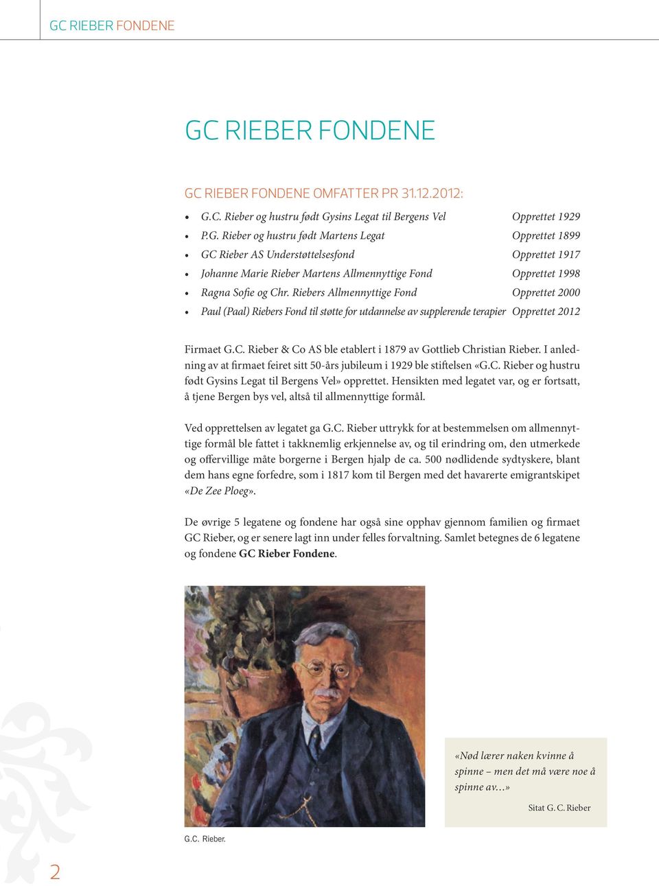 Rieber & Co AS ble etablert i 1879 av Gottlieb Christian Rieber. I anledning av at firmaet feiret sitt 50-års jubileum i 1929 ble stiftelsen «G.C. Rieber og hustru født Gysins Legat til Bergens Vel» opprettet.