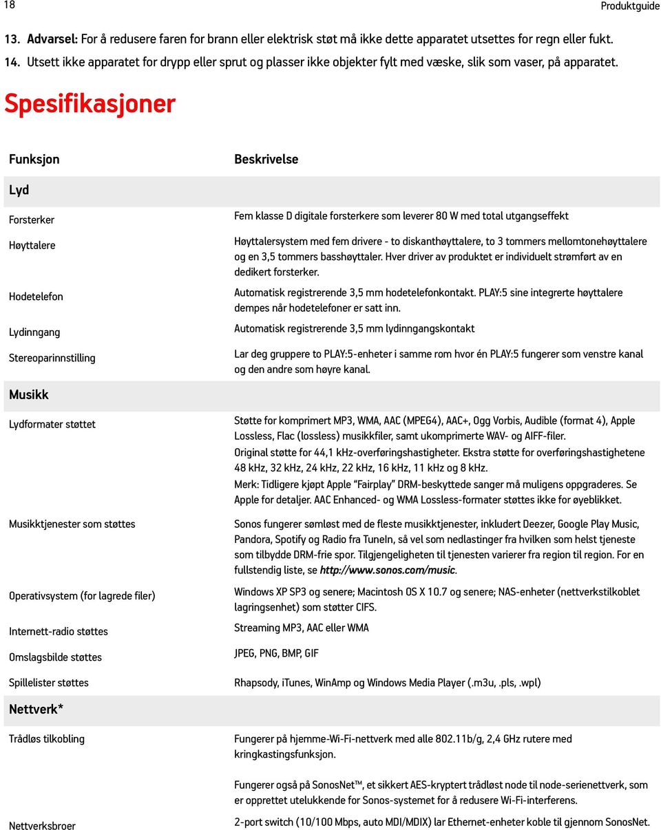 Spesifikasjoner Funksjon Beskrivelse Lyd Forsterker Høyttalere Hodetelefon Lydinngang Stereoparinnstilling Musikk Lydformater støttet Musikktjenester som støttes Operativsystem (for lagrede filer)