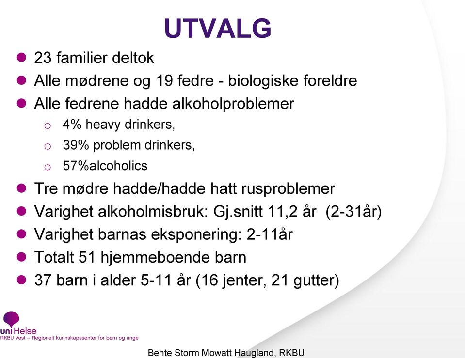 hadde/hadde hatt rusproblemer Varighet alkoholmisbruk: Gj.