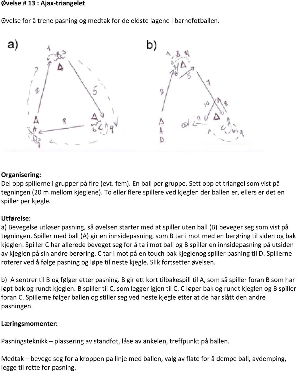 Utførelse: a) Bevegelse utløser pasning, så øvelsen starter med at spiller uten ball (B) beveger seg som vist på tegningen.