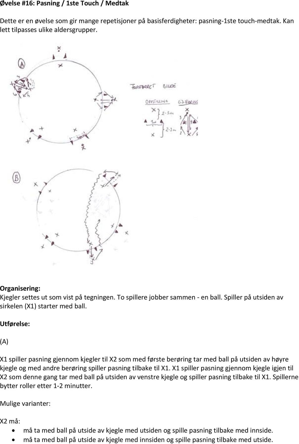 Utførelse: (A) X1 spiller pasning gjennom kjegler til X2 som med første berøring tar med ball på utsiden av høyre kjegle og med andre berøring spiller pasning tilbake til X1.