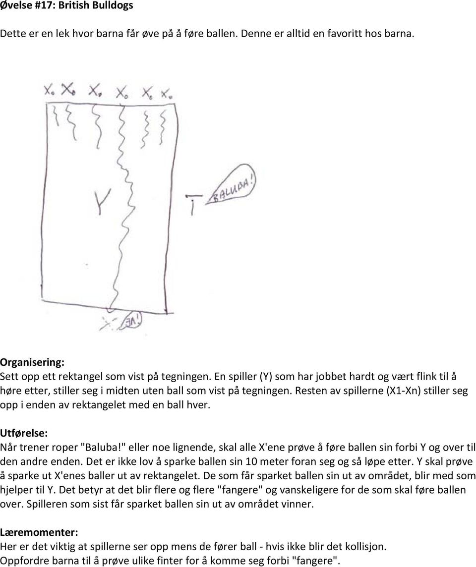 Resten av spillerne (X1 Xn) stiller seg opp i enden av rektangelet med en ball hver. Utførelse: Når trener roper "Baluba!
