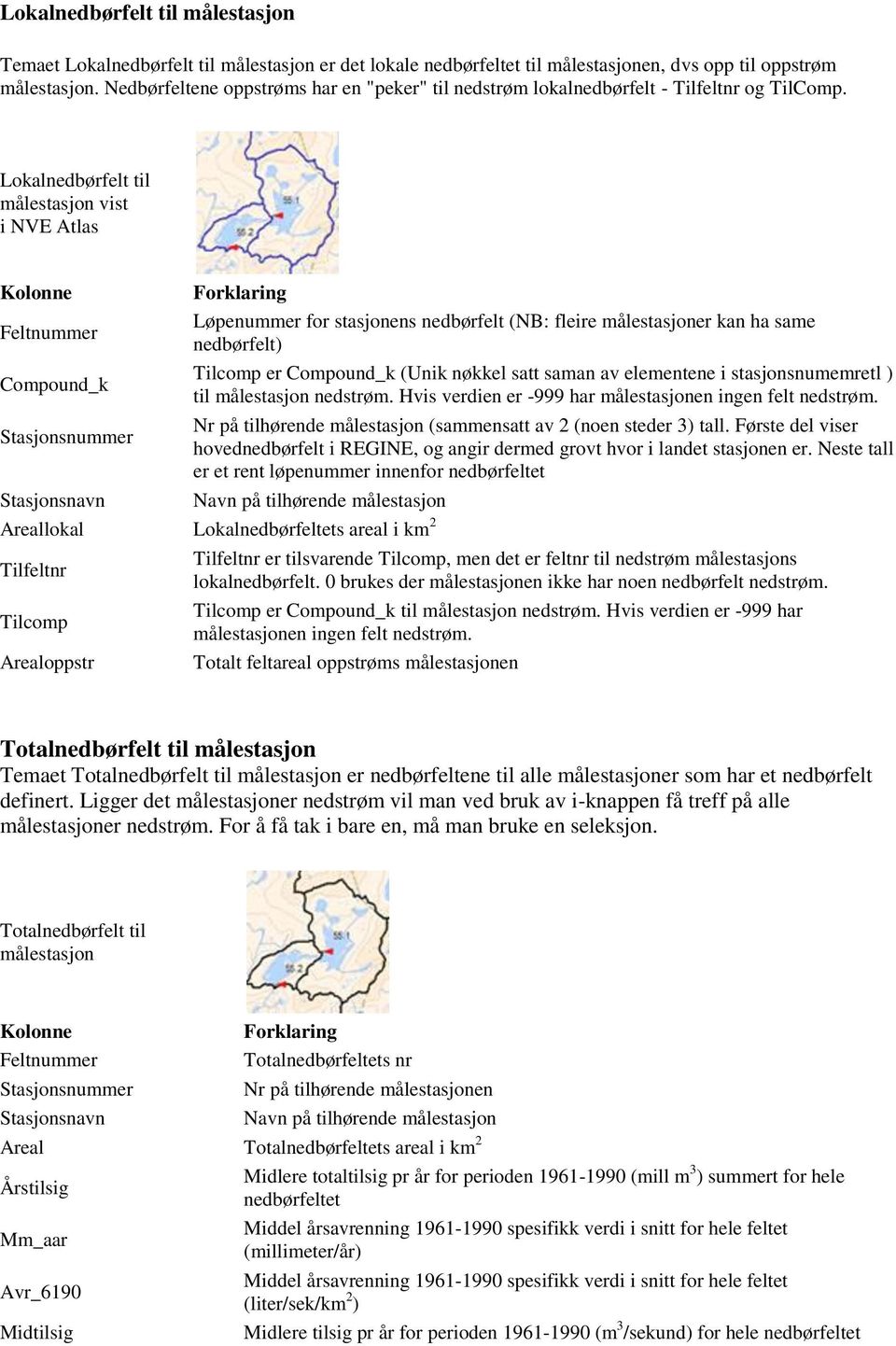 Lokalnedbørfelt til målestasjon vist i NVE Atlas Kolonne Feltnummer Compound_k Stasjonsnummer Forklaring Løpenummer for stasjonens nedbørfelt (NB: fleire målestasjoner kan ha same nedbørfelt) Tilcomp