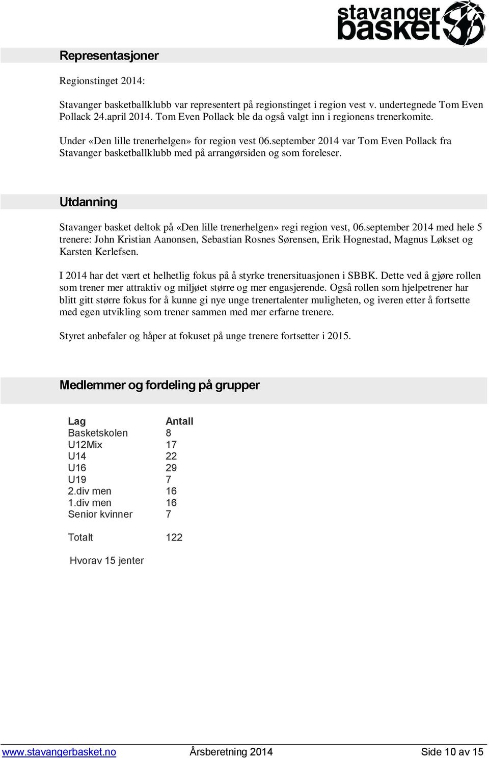 september 2014 var Tom Even Pollack fra Stavanger basketballklubb med på arrangørsiden og som foreleser. Utdanning Stavanger basket deltok på «Den lille trenerhelgen» regi region vest, 06.