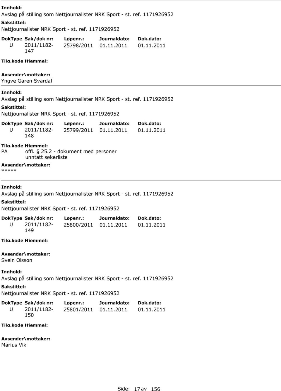 99/2011 offl. 25.2 - dokument med personer unntatt søkerliste ***** Avslag på stilling som Nettjournalister NRK Sport - st. ref. 1171926952 Nettjournalister NRK Sport - st.