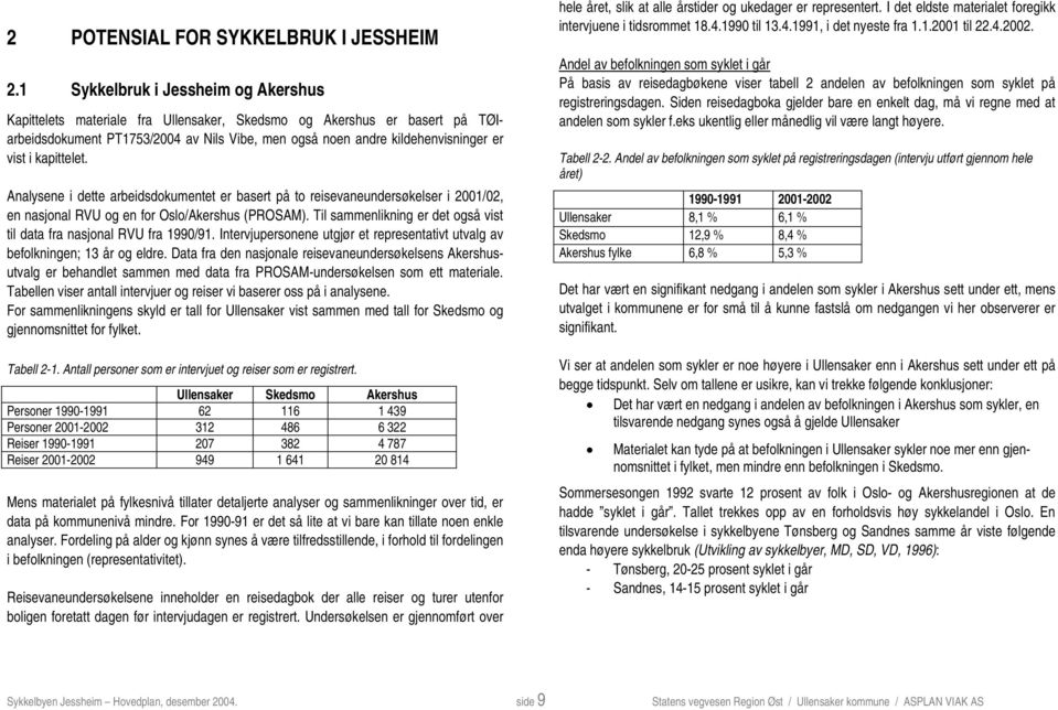 kapittelet. Analysene i dette arbeidsdokumentet er basert på to reisevaneundersøkelser i 2001/02, en nasjonal RVU og en for Oslo/Akershus (PROSAM).