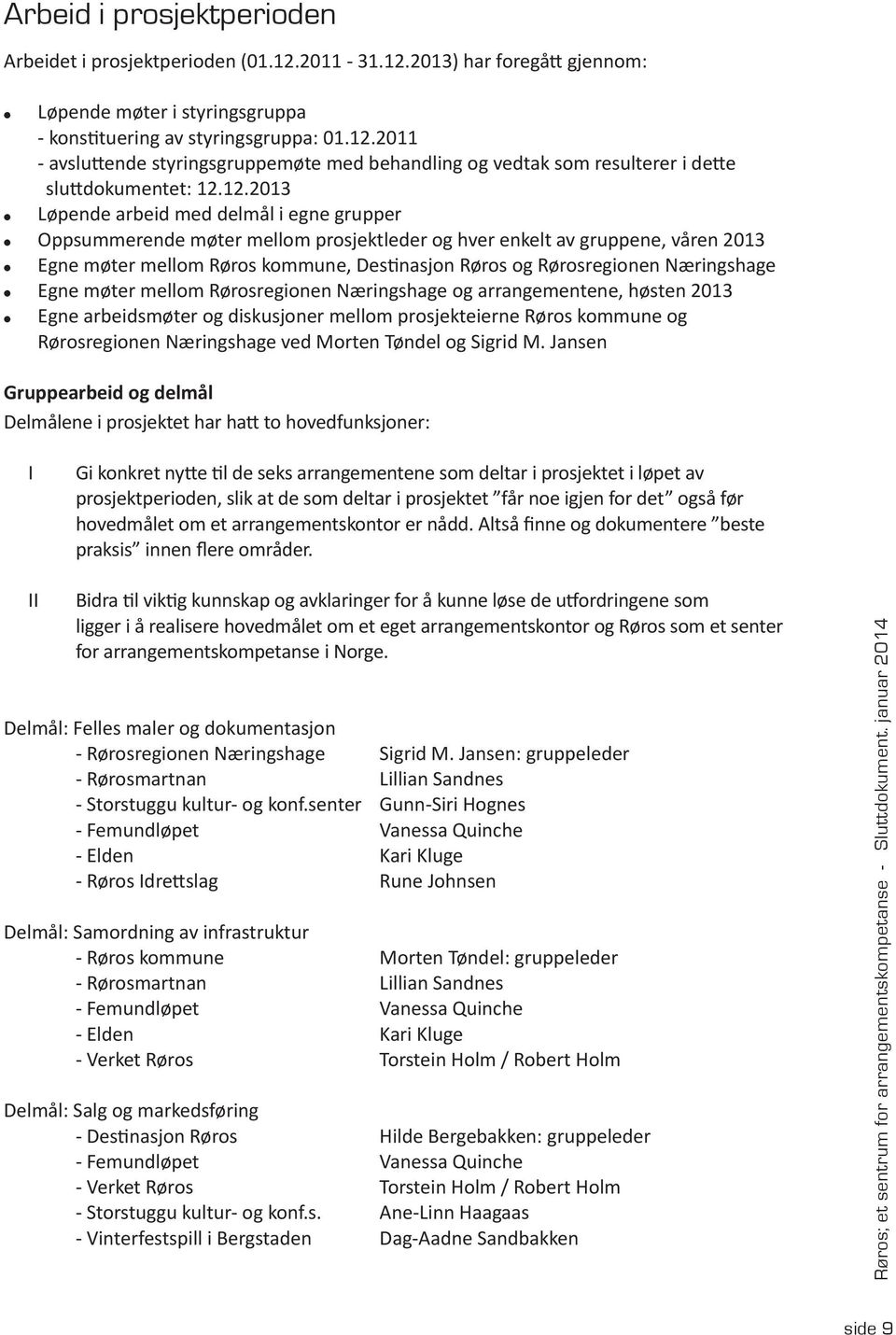 Næringshage Egne møter mellom Rørosregionen Næringshage og arrangementene, høsten 2013 Egne arbeidsmøter og diskusjoner mellom prosjekteierne Røros kommune og Rørosregionen Næringshage ved Morten